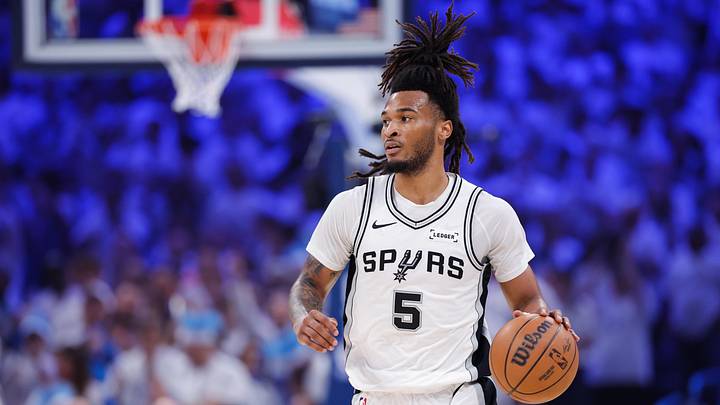 May 20, 2026; Oklahoma City, Oklahoma, USA; San Antonio Spurs guard Stephon Castle (5) looks to pass during the second quarter against the Oklahoma City Thunder during game two of the western conference finals for the 2026 NBA playoffs at Paycom Center. Mandatory Credit: Alonzo Adams-Imagn Images