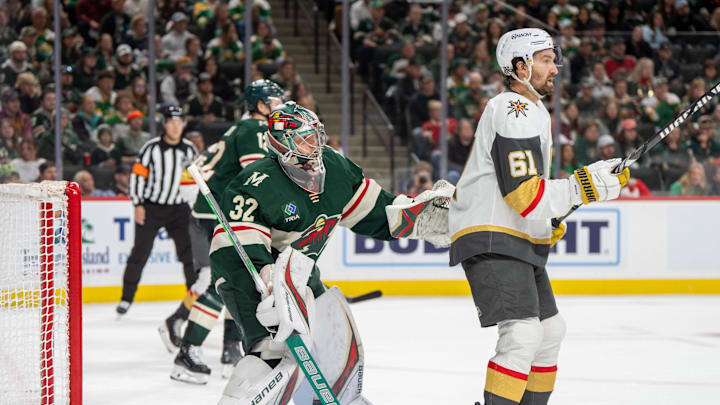Apr 24, 2025; Saint Paul, Minnesota, USA; Vegas Golden Knights right wing Mark Stone (61) blocks the vision of Minnesota Wild goaltender Filip Gustavsson (32) late in the third period in game three of the first round of the 2025 Stanley Cup Playoffs at Xcel Energy Center. Mandatory Credit: Matt Blewett-Imagn Images