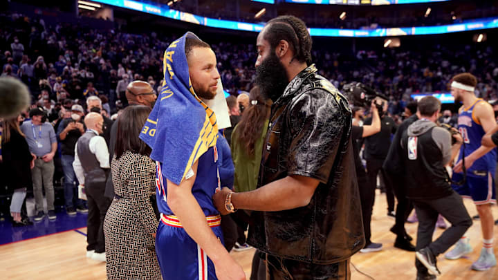 Jan 29, 2022; San Francisco, California, USA; Golden State Warriors guard Stephen Curry (left) meets with Brooklyn Nets guard James Harden after a game at the Chase Center. Mandatory Credit: Cary Edmondson-Imagn Images