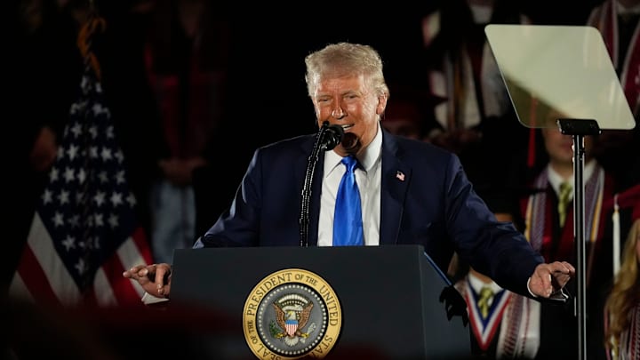 May 1, 2025; Tuscaloosa, AL, USA; President Donald Trump delivers a special commencement address to University of Alabama graduates at Coleman Coliseum. Graduation occurs over the weekend. Mandatory Credit: Gary Cosby Jr.-Tuscaloosa News May 1, 2025; Tuscaloosa, AL, USA; President Donald Trump delivers a special commencement address to University of Alabama graduates at Coleman Coliseum. Graduation occurs over the weekend. Mandatory Credit: Gary Cosby Jr.-Tuscaloosa News