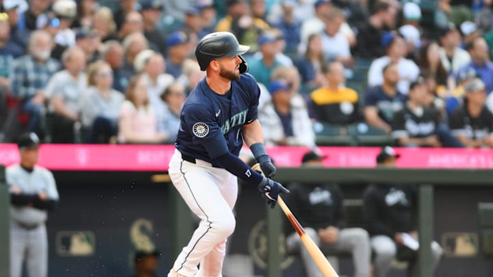 Seattle Mariners designated hitter Mitch Haniger (17) hits a double against the Chicago White Sox during the second inning at T-Mobile Park on June 10.