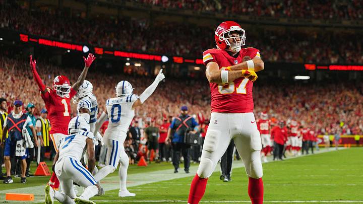 Sep 20, 2026; Kansas City, Missouri, USA;  Kansas City Chiefs tight end Travis Kelce (87) celebrates after scoring a touchdown against the Indianapolis Colts during the first quarter at GEHA Field at Arrowhead Stadium.  Mandatory Credit: Jay Biggerstaff-Imagn Images     TPX IMAGES OF THE DAY