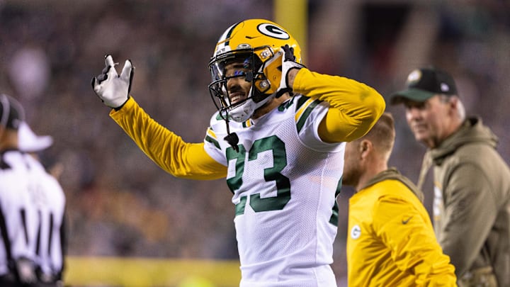 Nov 27, 2022; Philadelphia, Pennsylvania, USA; Green Bay Packers cornerback Jaire Alexander (23) reacts to Philadelphia Eagles fans after an apparent injury during the fourth quarter at Lincoln Financial Field. Mandatory Credit: Bill Streicher-Imagn Images