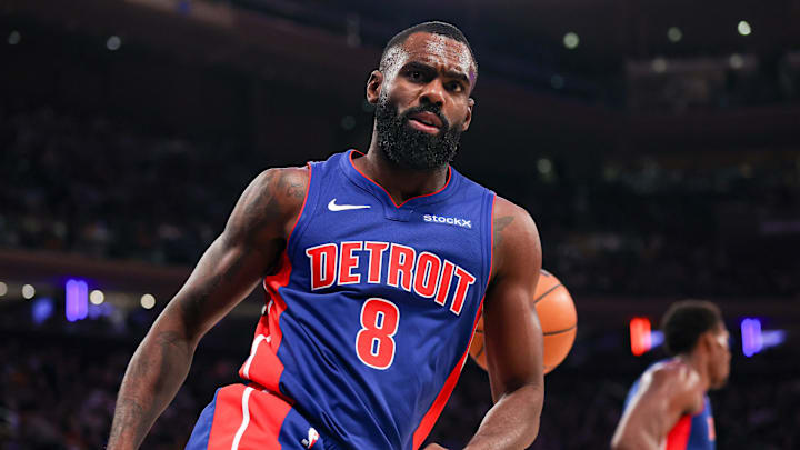 Dec 7, 2024; New York, New York, USA; Detroit Pistons forward Tim Hardaway Jr. (8) reacts after  dunk New York Knicks during the first half at Madison Square Garden. Mandatory Credit: Vincent Carchietta-Imagn Images