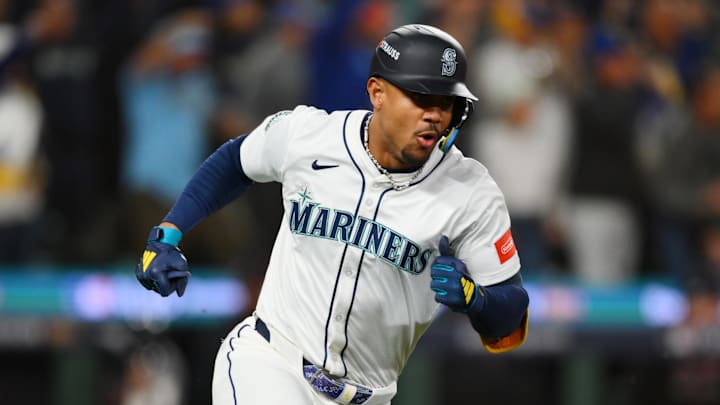 Seattle Mariners center fielder Julio Rodriguez (44) runs after hitting an RBI double in the eighth inning against the Detroit Tigers during game two of the ALDS round for the 2025 MLB playoffs at T-Mobile Park. 