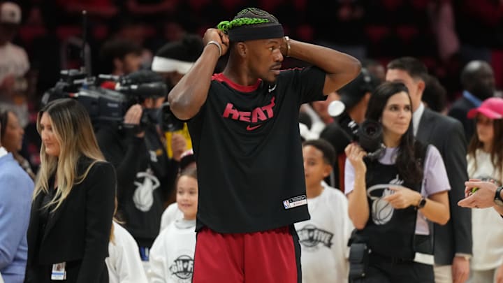 Jan 2, 2025; Miami, Florida, USA; Miami Heat forward Jimmy Butler (22) gets ready for pregame warm-ups before the start of the game against the Indiana Pacers at Kaseya Center. Mandatory Credit: Jim Rassol-Imagn Images Jan 2, 2025; Miami, Florida, USA; Miami Heat forward Jimmy Butler (22) gets ready for pregame warm-ups before the start of the game against the Indiana Pacers at Kaseya Center. Mandatory Credit: Jim Rassol-Imagn Images