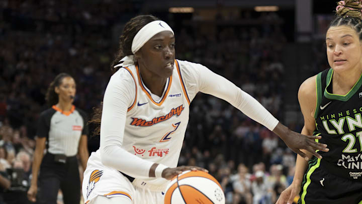 Sep 21, 2025; Minneapolis, Minnesota, USA; Phoenix Mercury guard Kahleah Copper (2) dribbles the ball against the Minnesota Lynx in the second half during game one of the second round for the 2025 WNBA Playoffs at Target Center. Mandatory Credit: Jesse Johnson-Imagn Images