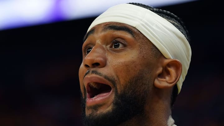May 10, 2025; San Francisco, California, USA; Minnesota Timberwolves guard Nickeil Alexander-Walker (9) talks with the referee in the fourth quarter against the Golden State Warriors during game three in the second round for the 2025 NBA Playoffs at Chase Center. Mandatory Credit: David Gonzales-Imagn Images