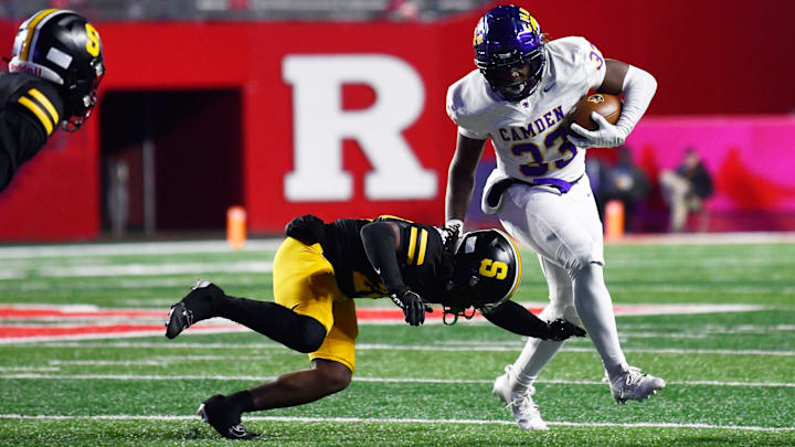 Camden's Roman Duckett runs the ball during the NJSIAA Group 2 state football championship game between Camden and Shabazz played at Rutgers University in Piscataway on Wednesday, December 3, 2025. Camden defeated Shabazz, 27-8.