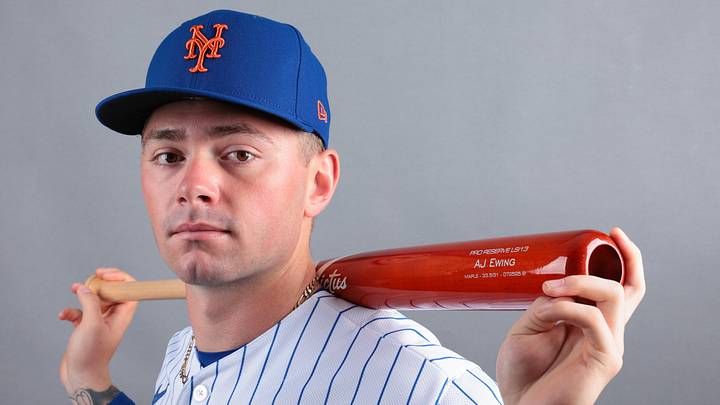 Feb 19, 2026; Port St. Lucie, FL, USA; New York Mets outfielder A.J. Ewing (97) poses for a photo during media day at Clover Park. Mandatory Credit: Sam Navarro-Imagn Images