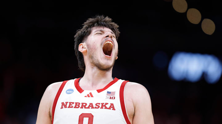 Nebraska Cornhuskers forward Berke Buyuktuncel (9) celebrates during a first-round game in the NCAA men's basketball tournament between Nebraska and Troy at Paycom Center in Oklahoma City, Thursday, March 19, 2026.