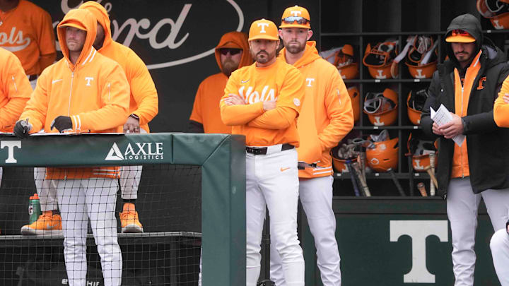 Tennessee head coach Tony Vitello in the dugout at a Tennessee baseball game against Samford, in Lindsey Nelson Stadium at University of Tennessee in Knoxville, Tenn., Saturday, Feb. 22, 2025.