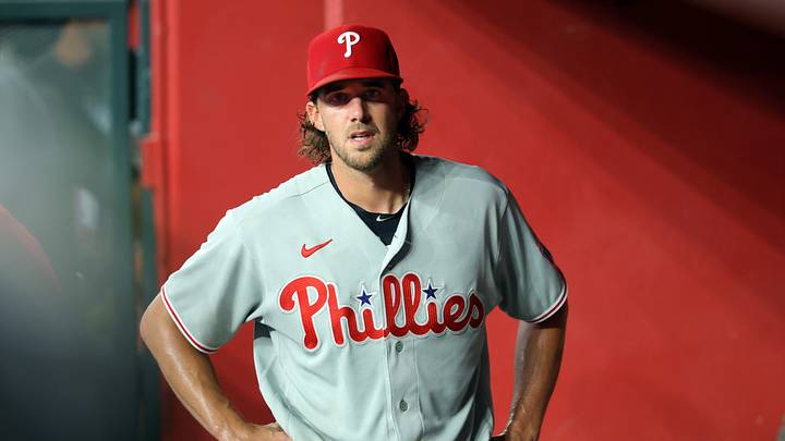 Aug 31, 2026; Phoenix, Arizona, USA; Philadelphia Phillies pitcher Aaron Nola reacts after being pulled from the game in the sixth inning against the Arizona Diamondbacks at Chase Field. Mandatory Credit: Mark J. Rebilas-Imagn Images Aug 31, 2026; Phoenix, Arizona, USA; Philadelphia Phillies pitcher Aaron Nola reacts after being pulled from the game in the sixth inning against the Arizona Diamondbacks at Chase Field. Mandatory Credit: Mark J. Rebilas-Imagn Images