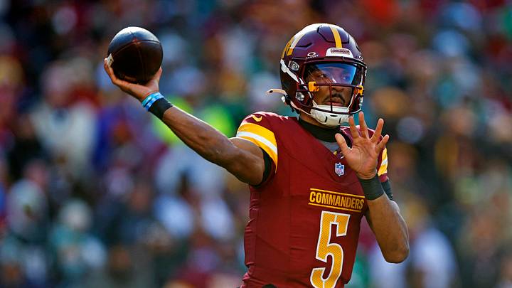Dec 22, 2024; Landover, Maryland, USA; Washington Commanders quarterback Jayden Daniels (5) throws a pass during the first quarter against the Philadelphia Eagles at Northwest Stadium. Mandatory Credit: Peter Casey-Imagn Images Dec 22, 2024; Landover, Maryland, USA; Washington Commanders quarterback Jayden Daniels (5) throws a pass during the first quarter against the Philadelphia Eagles at Northwest Stadium. Mandatory Credit: Peter Casey-Imagn Images