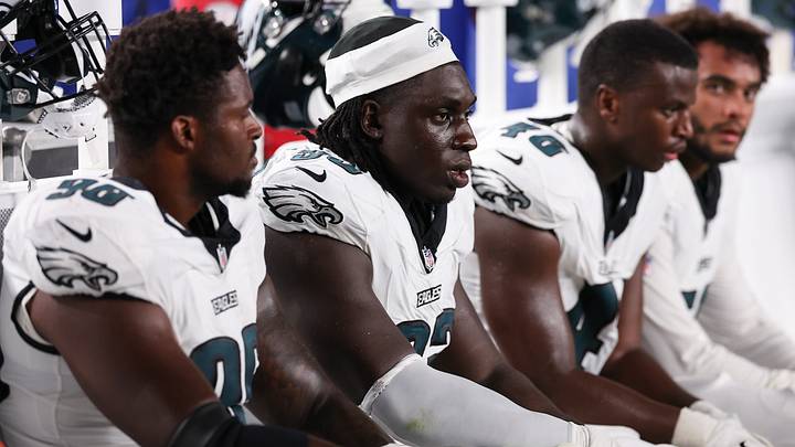Aug 28, 2026; Philadelphia, Pennsylvania, USA; Philadelphia Eagles defensive tackle Uar Bernard (93) looks on from the bench during the final moments of a loss against the Cincinnati Bengals at Lincoln Financial Field. 