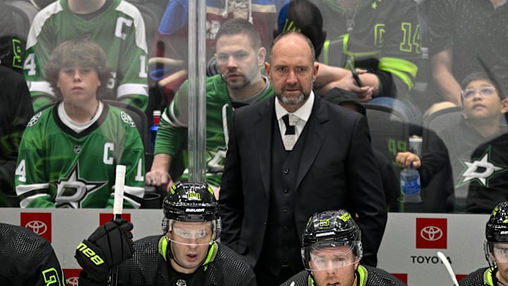 Nov 18, 2023; Dallas, Texas, USA; Dallas Stars head coach Pete DeBoer watches the game between the Dallas Stars and the Colorado Avalanche during the first period at the American Airlines Center. Mandatory Credit: Jerome Miron-Imagn Images Nov 18, 2023; Dallas, Texas, USA; Dallas Stars head coach Pete DeBoer watches the game between the Dallas Stars and the Colorado Avalanche during the first period at the American Airlines Center. Mandatory Credit: Jerome Miron-Imagn Images