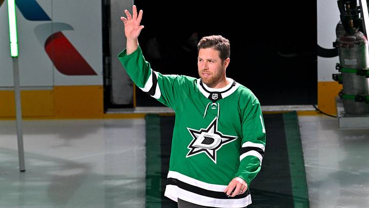 Oct 14, 2025; Dallas, Texas, USA; Former player Joe Pavelski is introduced before the game between the Dallas Stars and the Minnesota Wild at the American Airlines Center. Mandatory Credit: Jerome Miron-Imagn Images