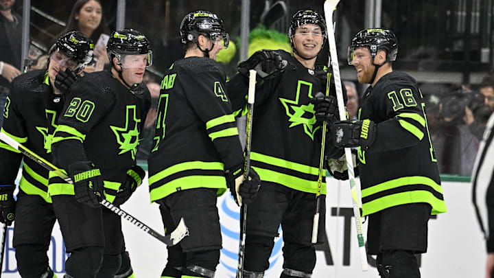 Dec 31, 2023; Dallas, Texas, USA; Dallas Stars defenseman Miro Heiskanen (4) and \24#2\ and center