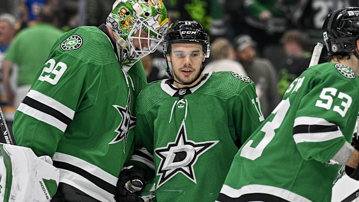 Apr 9, 2024; Dallas, Texas, USA; Dallas Stars goaltender Jake Oettinger (29) and center Logan