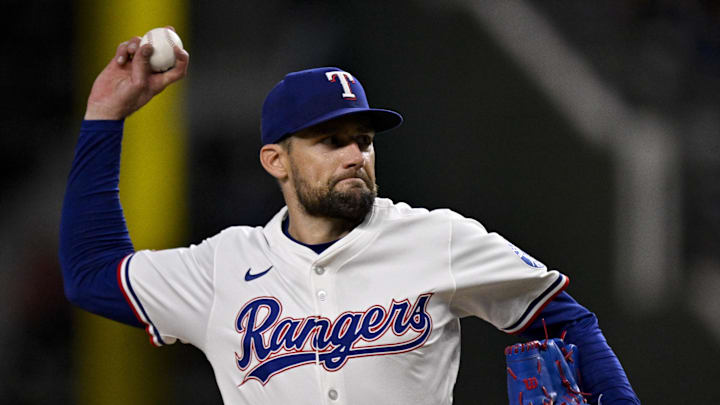 Aug 11, 2025; Arlington, Texas, USA; Texas Rangers starting pitcher Nathan Eovaldi (17) pitches against the Arizona Diamondbacks during the fourth inning at Globe Life Field. Mandatory Credit: Jerome Miron-Imagn Images