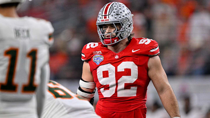 Dec 31, 2025; Arlington, TX, USA; Ohio State Buckeyes defensive end Caden Curry (92) looks on during the 2025 Cotton Bowl and quarterfinal game of the College Football Playoff at AT&T Stadium. Mandatory Credit: Jerome Miron-Imagn Images