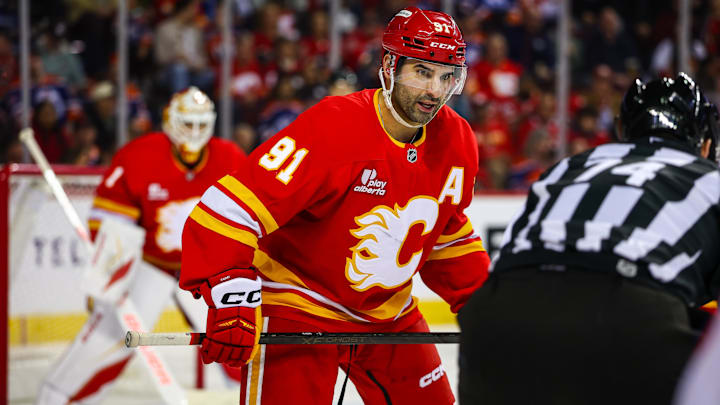 Feb 4, 2026; Calgary, Alberta, CAN; Calgary Flames center Nazem Kadri (91) against the Edmonton Oilers during the third period at Scotiabank Saddledome. Mandatory Credit: Sergei Belski-Imagn Images