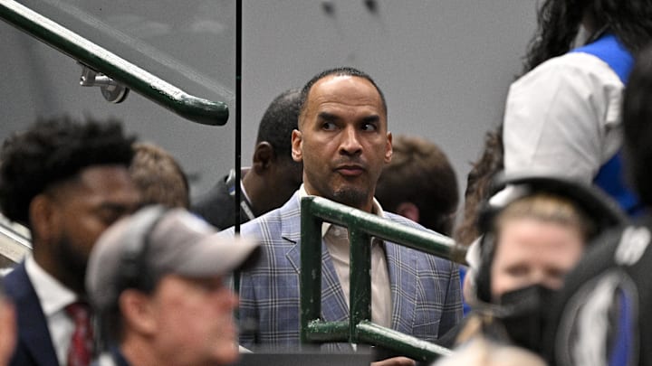 Apr 9, 2025; Dallas, Texas, USA; Dallas Mavericks general manger Nico Harrison look on during the third quarter against the Los Angeles Lakers at the American Airlines Center. Mandatory Credit: Jerome Miron-Imagn Images