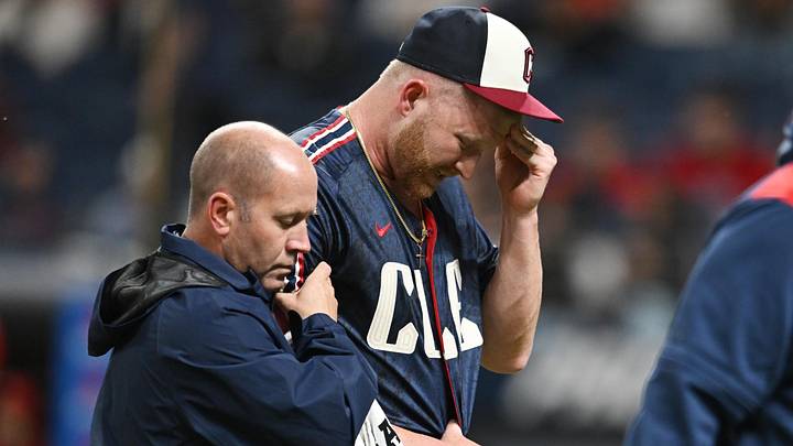 May 30, 2025: Cleveland Guardians relief pitcher Andrew Walters (91) leaves the game with an apparent injury during the ninth inning against the Los Angeles Angels at Progressive Field. 