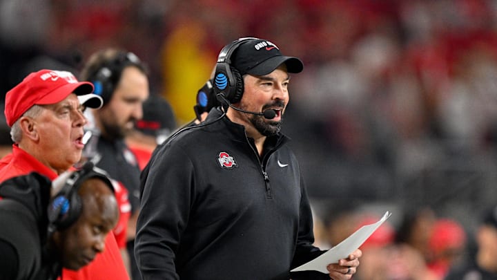 Dec 31, 2025; Arlington, TX, USA; Ohio State Buckeyes head coach Ryan Day looks on during the 2025 Cotton Bowl and quarterfinal game of the College Football Playoff at AT&T Stadium. Mandatory Credit: Jerome Miron-Imagn Images