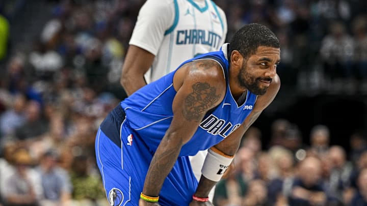 Nov 5, 2023; Dallas, Texas, USA; Dallas Mavericks guard Kyrie Irving (11) in action during the game between the Dallas Mavericks and the Charlotte Hornets at the American Airlines Center. Mandatory Credit: Jerome Miron-Imagn Images