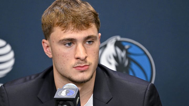 Jun 27, 2025; Dallas, TX, USA; Dallas Mavericks first overall pick Cooper Flagg speaks to the media during a press conference at the Dallas Mavericks Practice Facility. Mandatory Credit: Jerome Miron-Imagn Images