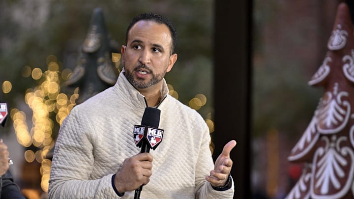 Dec 9, 2024; Dallas, TX, USA; St. Louis Cardinals manager Oliver Marmol speaks with the MLB Network 
at the Hilton Anatole during the 2024 MLB Winter Meetings. Mandatory Credit: Jerome Miron-Imagn Images