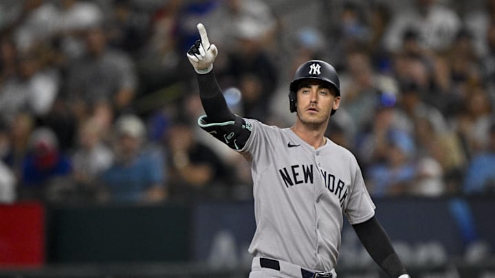 Aug 4, 2025; Arlington, Texas, USA; New York Yankees center fielder Cody Bellinger (35) during the game between the Texas Rangers and the New York Yankees at Globe Life Field. Mandatory Credit: Jerome Miron-Imagn Images