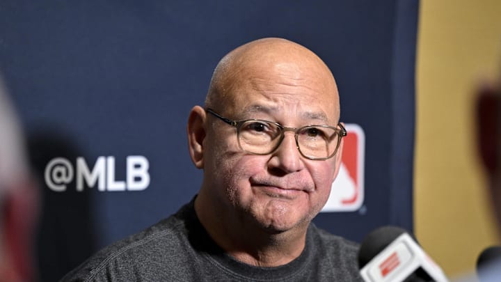 Dec 9, 2024; Dallas, TX, USA; Cincinnati Reds manager Terry Francona speaks with the media 
at the Hilton Anatole during the 2024 MLB Winter Meetings. Mandatory Credit: Jerome Miron-Imagn Images