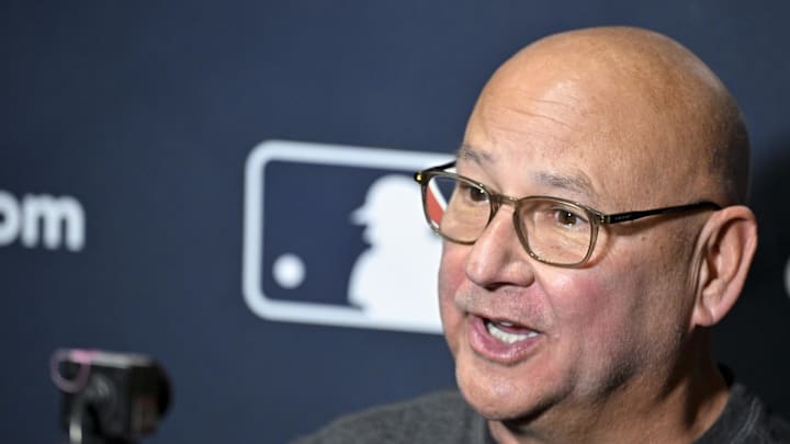 Dec 9, 2024; Dallas, TX, USA; Cincinnati Reds manager Terry Francona speaks with the media 
at the Hilton Anatole during the 2024 MLB Winter Meetings. Mandatory Credit: Jerome Miron-Imagn Images
