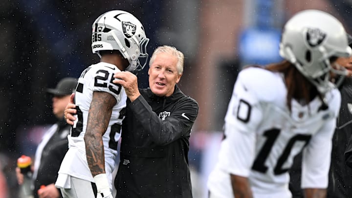 Sep 7, 2025; Foxborough, Massachusetts, USA; Las Vegas Raiders head coach Pete Carroll reacts with cornerback Decamerion Richardson (25) before the game at Gillette Stadium. Mandatory Credit: Brian Fluharty-Imagn Images Sep 7, 2025; Foxborough, Massachusetts, USA; Las Vegas Raiders head coach Pete Carroll reacts with cornerback Decamerion Richardson (25) before the game at Gillette Stadium. Mandatory Credit: Brian Fluharty-Imagn Images