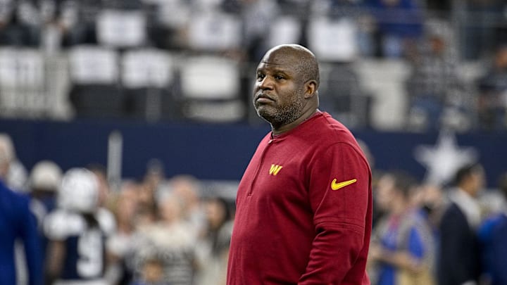 Eric Bieniemy before the Commanders' 45–10 loss to the Cowboys on Nov. 23, 2023. Eric Bieniemy before the Commanders' 45–10 loss to the Cowboys on Nov. 23, 2023.