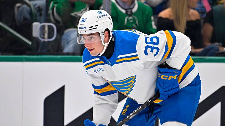 Oct 2, 2026; Dallas, Texas, USA; St. Louis Blues defenseman Adam Jiricek (36) skates against the Dallas Stars during the game at the American Airlines Center. Mandatory Credit: Jerome Miron-Imagn Images