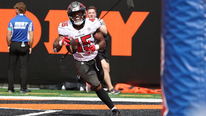 Sep 13, 2026; Cincinnati, Ohio, USA; Tampa Bay Buccaneers linebacker Josiah Trotter (45) scores a third-quarter touchdown at Paycor Stadium. Mandatory Credit: Joseph Maiorana-Imagn Images Sep 13, 2026; Cincinnati, Ohio, USA; Tampa Bay Buccaneers linebacker Josiah Trotter (45) scores a third-quarter touchdown at Paycor Stadium. Mandatory Credit: Joseph Maiorana-Imagn Images