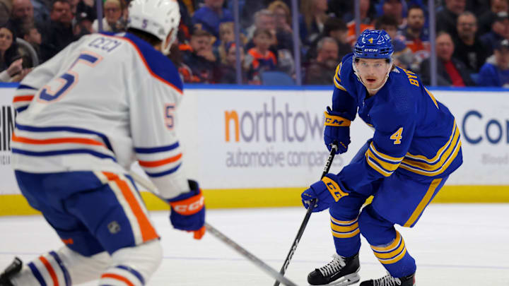 Mar 9, 2024; Buffalo, New York, USA;  Buffalo Sabres defenseman Bowen Byram (4) carries the puck up