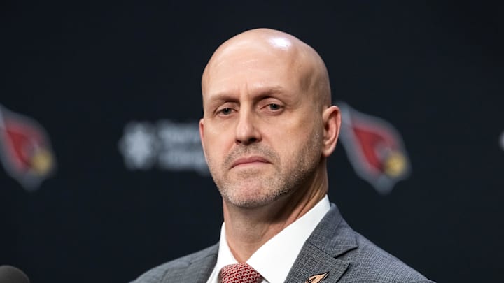 Feb 3, 2026; Tempe, AZ, USA; Arizona Cardinals general manager Monti Ossenfort at a press conference at the Cardinals training facility. Mandatory Credit: Mark J. Rebilas-Imagn Images