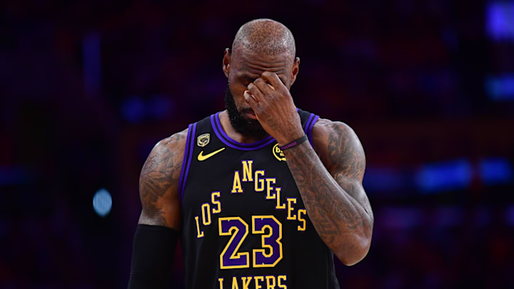 May 11, 2026; Los Angeles, California, USA; Los Angeles Lakers forward LeBron James (23) during the first half in game four of the second round of the 2026 NBA Playoffs at Crypto.com Arena. Mandatory Credit: Gary A. Vasquez-Imagn Images