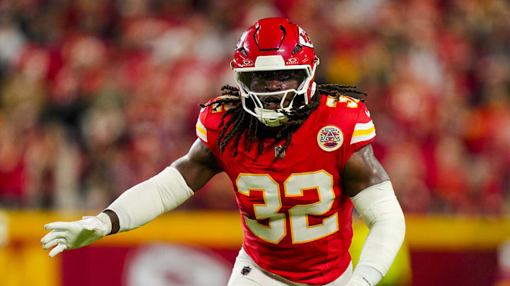 Oct 27, 2025; Kansas City, Missouri, USA; Kansas City Chiefs linebacker Nick Bolton (32) defends during the first half against the Washington Commanders at GEHA Field at Arrowhead Stadium. Mandatory Credit: Jay Biggerstaff-Imagn Images