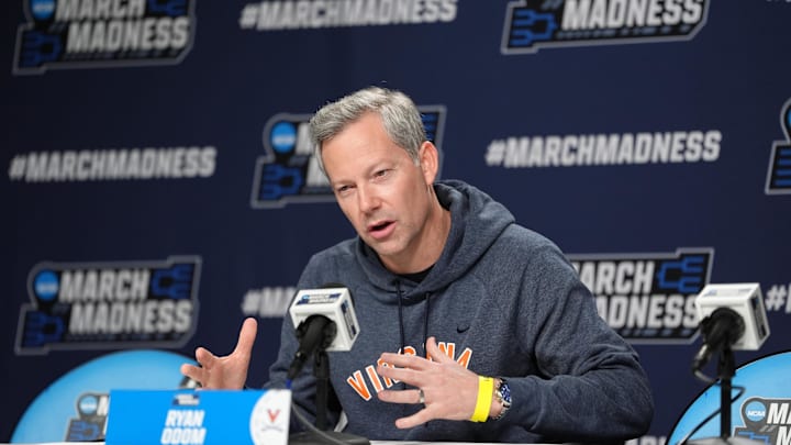 Mar 19, 2026; Philadelphia, PA, USA; Virginia Cavaliers head coach Ryan Odom conducts a press conference during a practice session ahead of the first round of the men's 2026 NCAA Tournament at Xfinity Mobile Arena. Mandatory Credit: Kyle Ross-Imagn Images