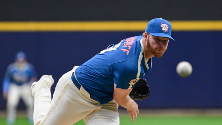 Apr 24, 2026; Milwaukee, Wisconsin, USA;  Milwaukee Brewers starting pitcher Brandon Woodruff (53) throws a pitch in the first inning against the Pittsburgh Pirates at American Family Field. Mandatory Credit: Benny Sieu-Imagn Images