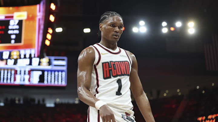 Mar 23, 2025; Houston, Texas, USA; Houston Rockets forward Amen Thompson (1) walks off the court after the end of the first half against the Denver Nuggets at Toyota Center. Mandatory Credit: Troy Taormina-Imagn Images