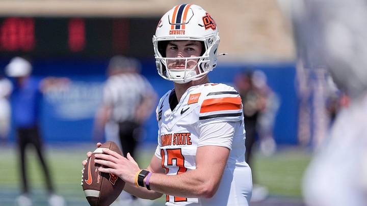 Oklahoma State quarterback Drew Mestemaker (17) warms up before a college football game between Oklahoma State (OSU) and Tulsa at  H. A. Chapman Stadium in Tulsa, Okla., on Saturday, Sept. 5, 2026.