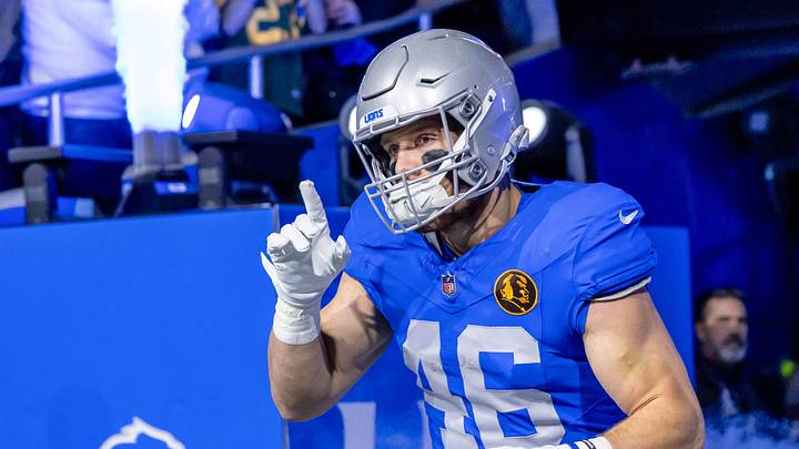Nov 27, 2025; Detroit, Michigan, USA; Detroit Lions linebacker Jack Campbell (46) runs onto the field prior to the game against the Green Bay Packers at Ford Field. Mandatory Credit: David Reginek-Imagn Images