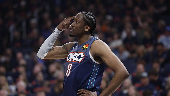 Apr 22, 2026; Oklahoma City, Oklahoma, USA; Oklahoma City Thunder guard Jalen Williams (8) gestures to his team before a play against the Phoenix Suns in the first half during game two of the first round of the 2026 NBA Playoffs at Paycom Center. Mandatory Credit: Alonzo Adams-Imagn Images