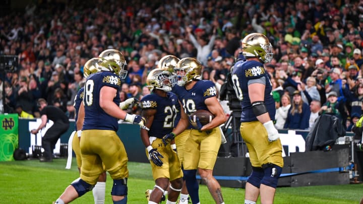 Aug 26, 2023; Dublin, Ireland; Notre Dame Fighting Irish wide receiver Jaden Greathouse (19) celebrates after a touchdown in the second quarter against the Navy Midshipmen at Aviva Stadium. Mandatory Credit: Matt Cashore-USA TODAY Sports